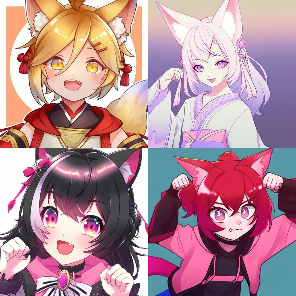 Four colorful anime cat-eared girls in a bright, polished illustration collage