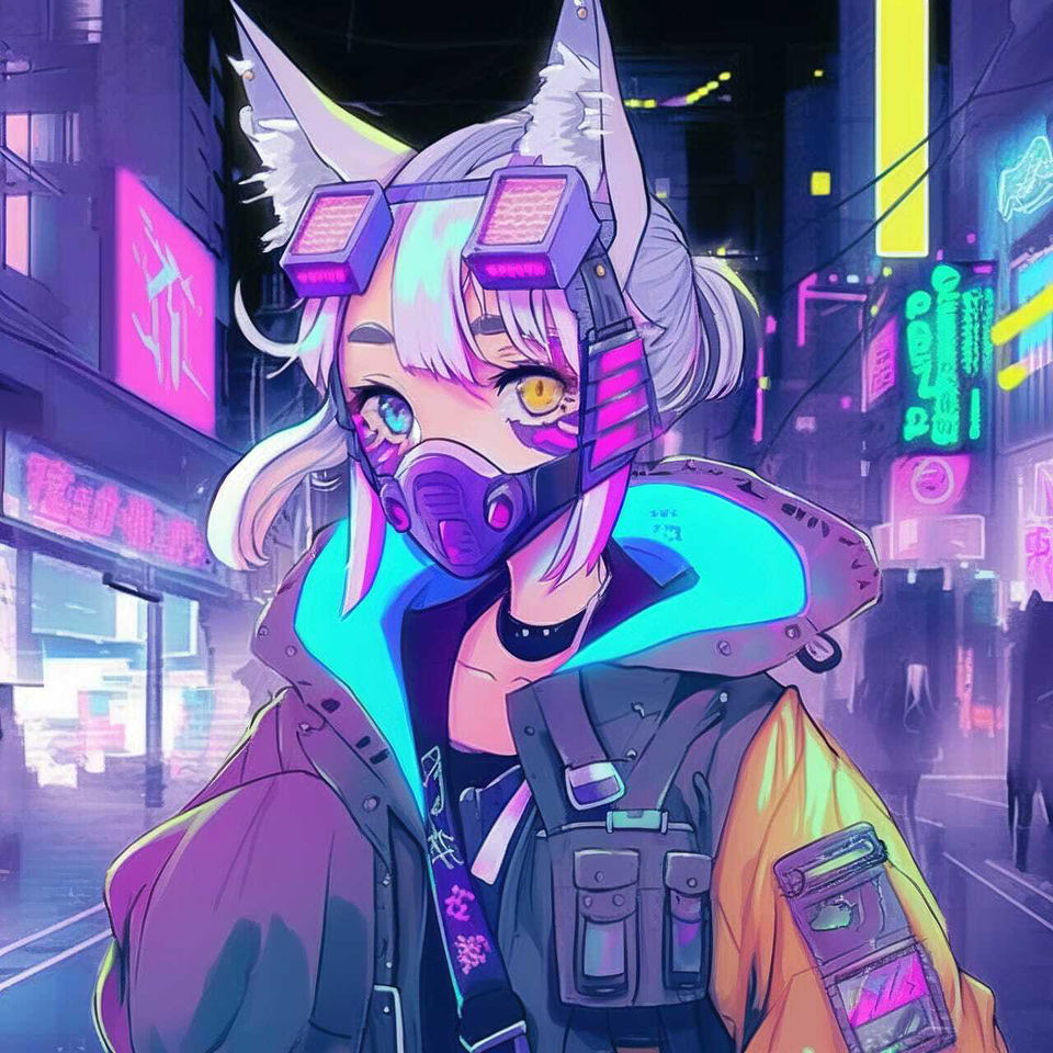 Cyberpunk cat-eared character in anime style, with neon colors and glowing city lights