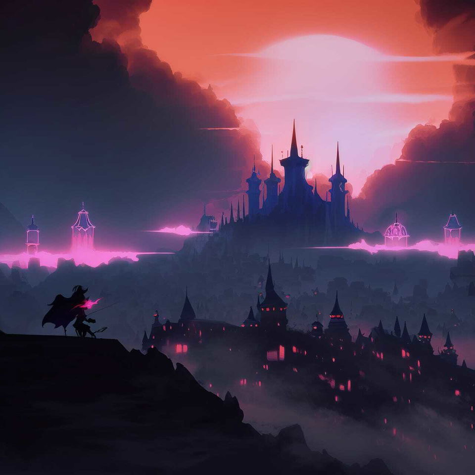 Nazgul overlooking a sleeping town and castle in dark anime fantasy, glowing pink-purple sunset