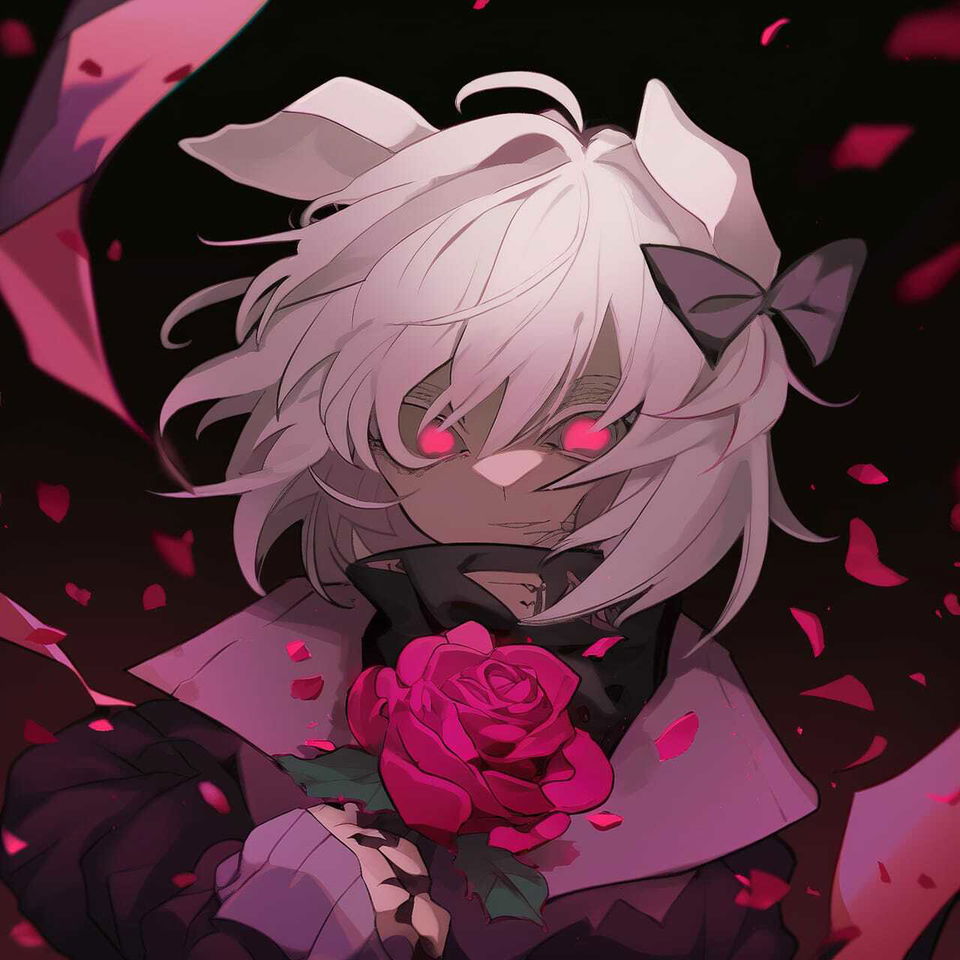 Kemonomimi anime character with decaying peonies, pink-and-black palette and dramatic lighting