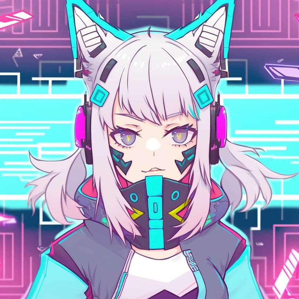 Tech genius teenage girl with cat ears in bright neon anime style and vivid cyan-pink lighting
