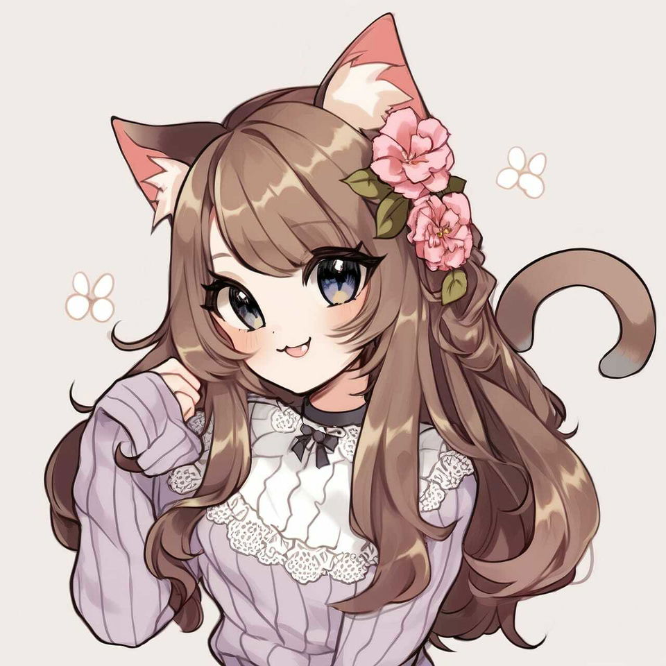 Cute Maine Coon cat girl with flowers in soft pastel anime-style digital art