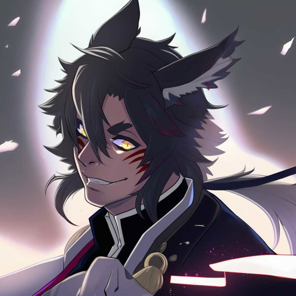 Chernobog, a wolf-eared anime character with glowing eyes in dark tones and soft backlighting