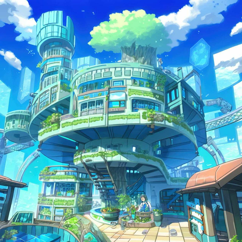 Futuristic tree-integrated city with curved buildings, in bright cyan and green anime-style light