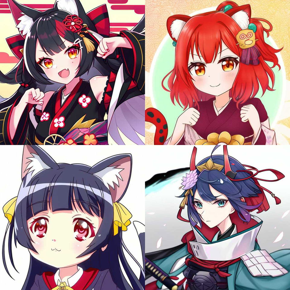 Four colorful anime girls with animal ears in traditional outfits, bold linework and bright palette