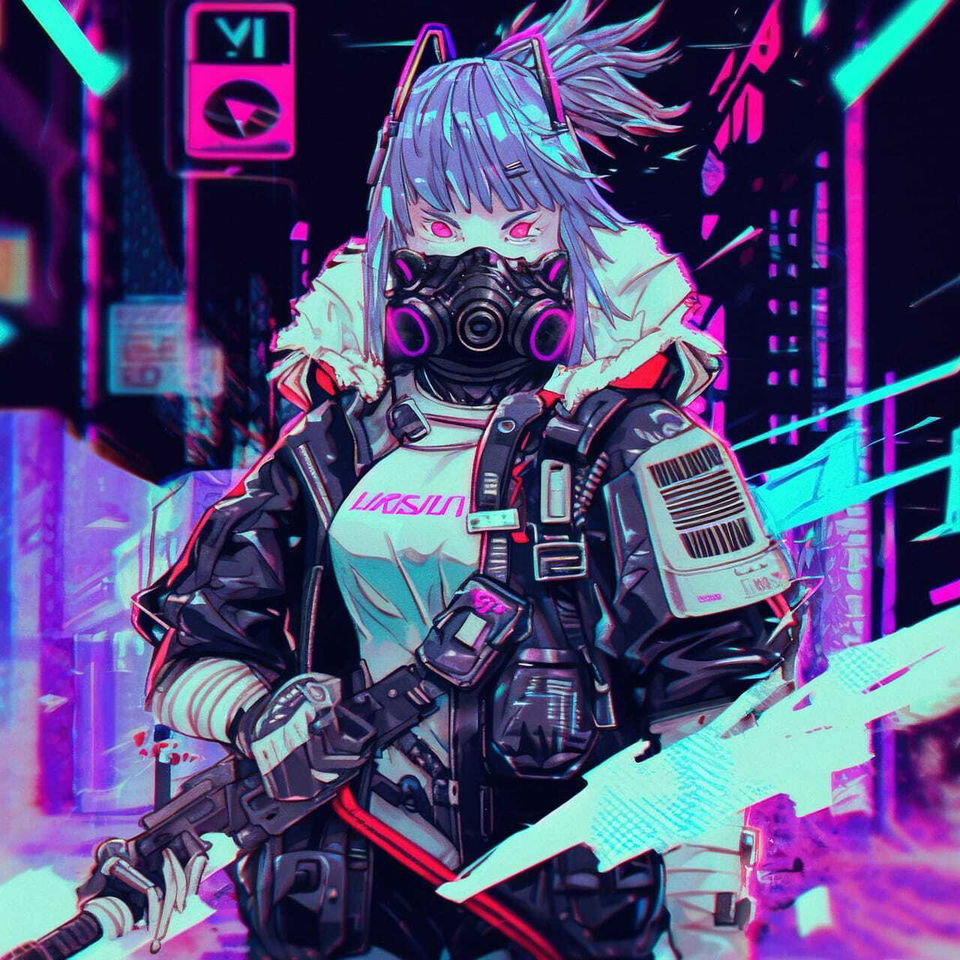 Cyberpunk anime character in tactical gear and gas mask, neon cyan and magenta lighting