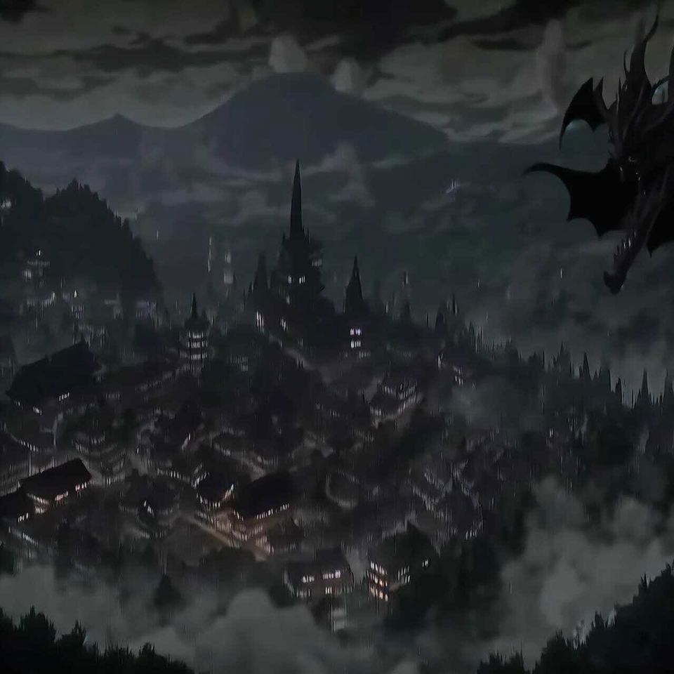 Nazgul flying over a sleeping town in dark, moody anime-style night tones