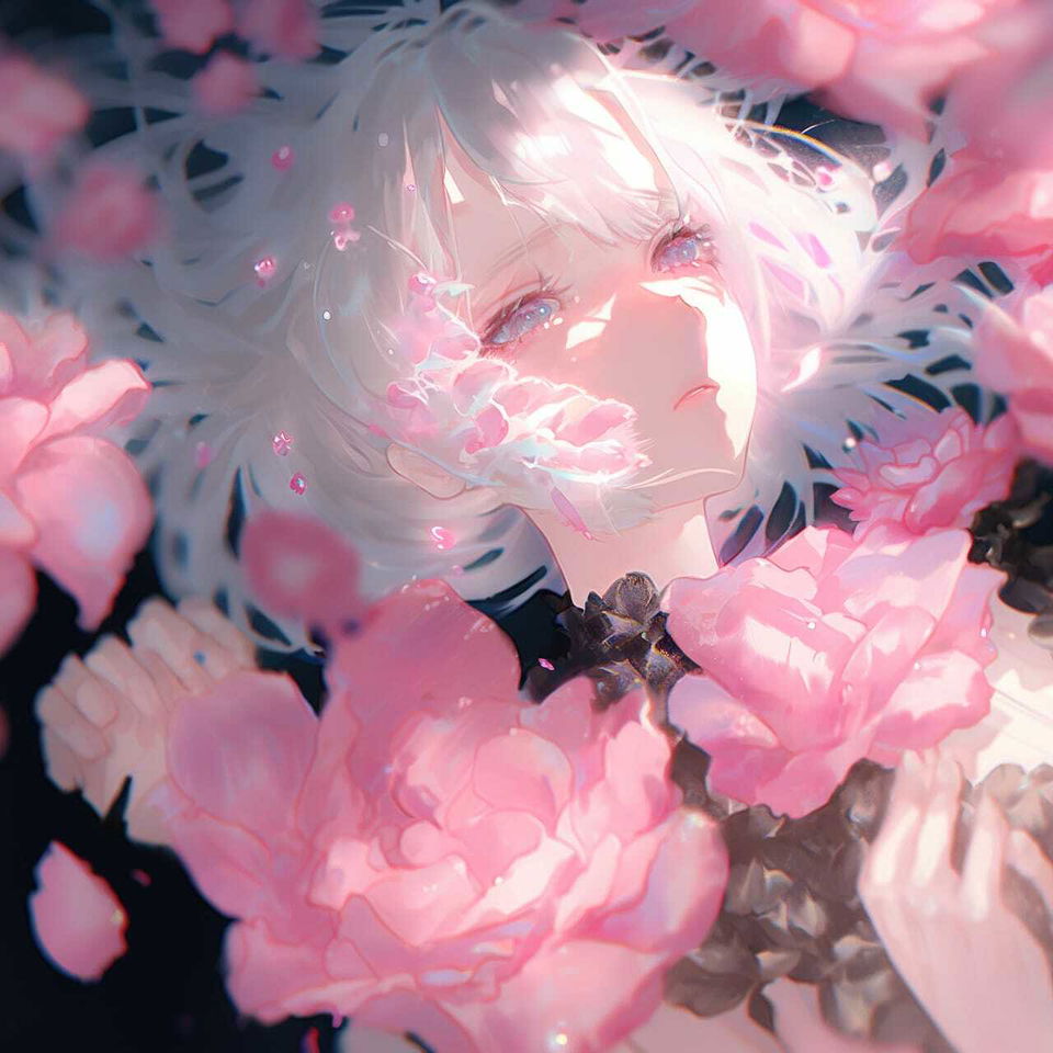 White-haired anime girl among decaying pink peonies, softly painted in glowing pastel light