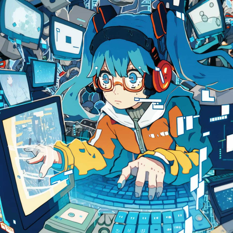 Tech genius teenage girl at a computer, in colorful anime style with cool blue lighting