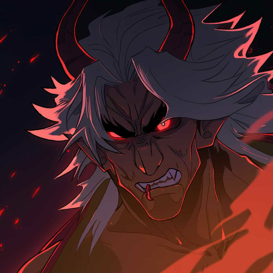 Chernobog, a snarling horned demon in dark anime art with red lighting and fiery accents