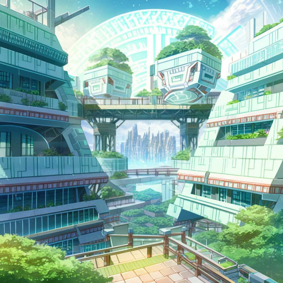 Futuristic bioarchitecture city with floating gardens, bright turquoise anime style, soft sunlight