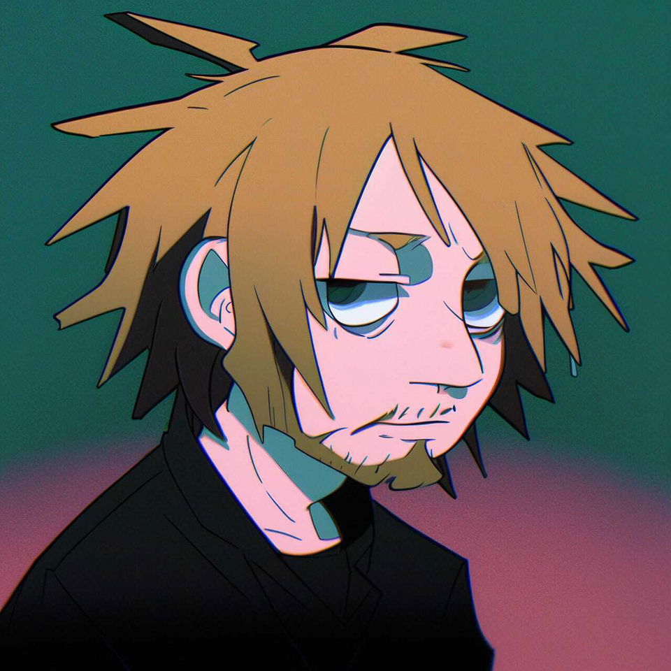 Thom Yorke in colorful kodomomuke anime style with bold outlines and flat lighting
