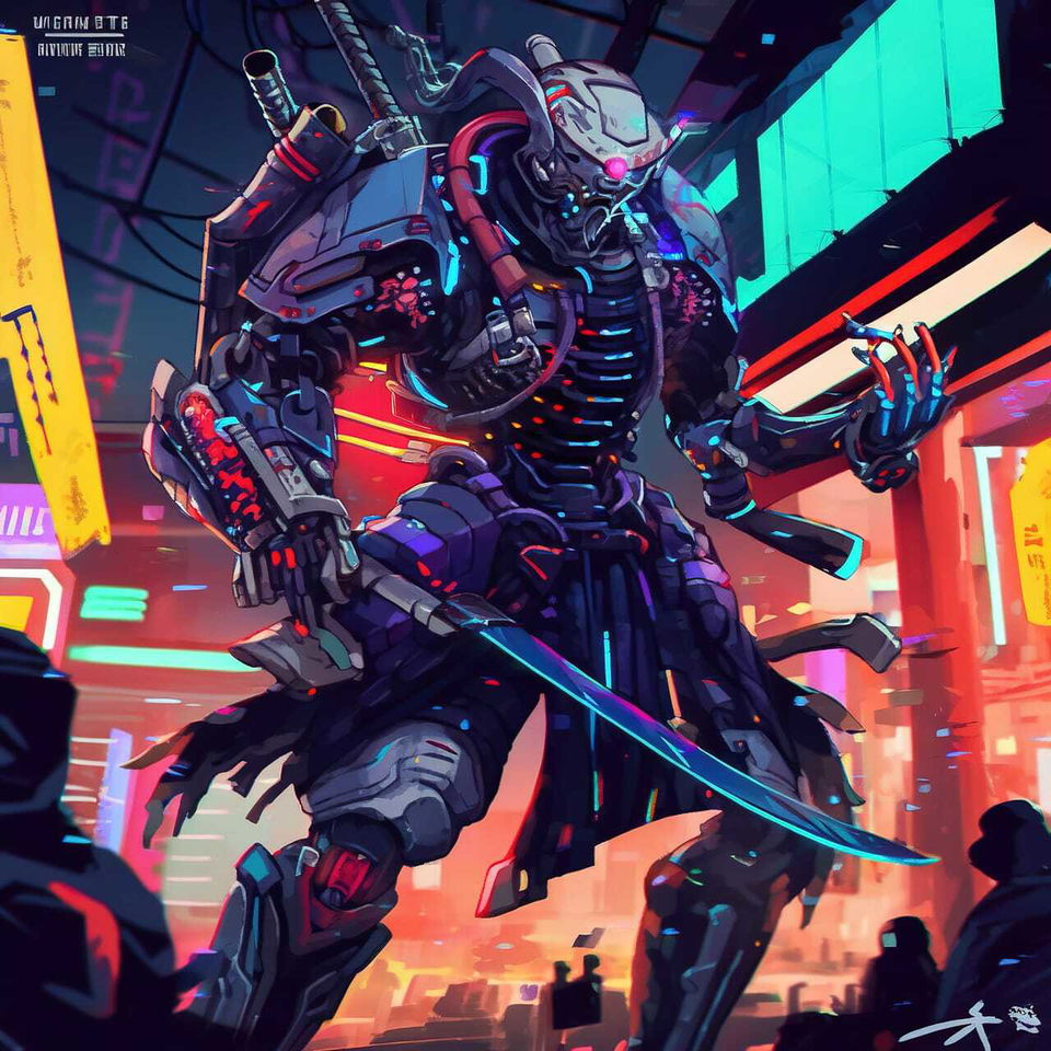 Cyberpunk armored character with a sword, rendered in vibrant neon anime colors and lighting