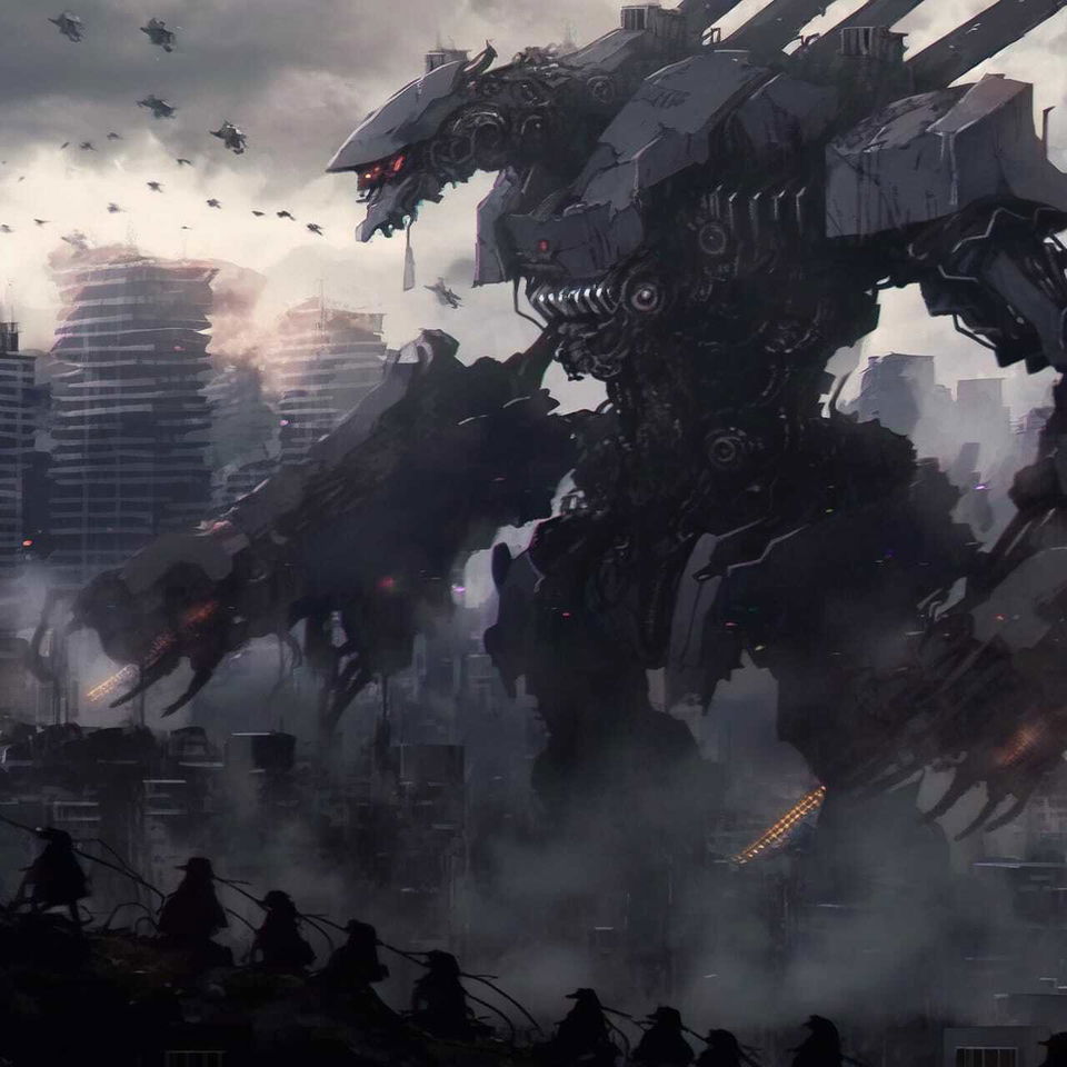 Mechanical Nazgul towering over a city, dark anime art with smoky gray light and red accents