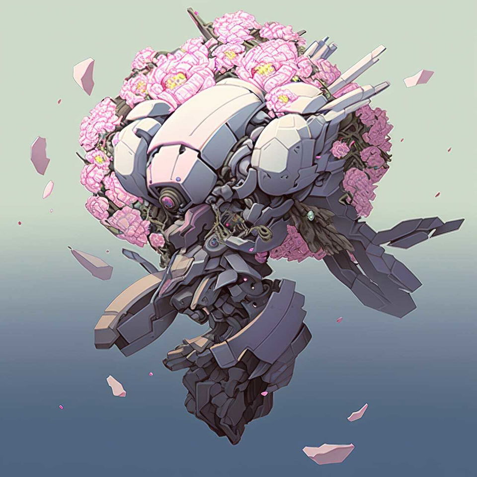 Mecha surrounded by decaying pink peonies, anime illustration with pastel colors and soft light