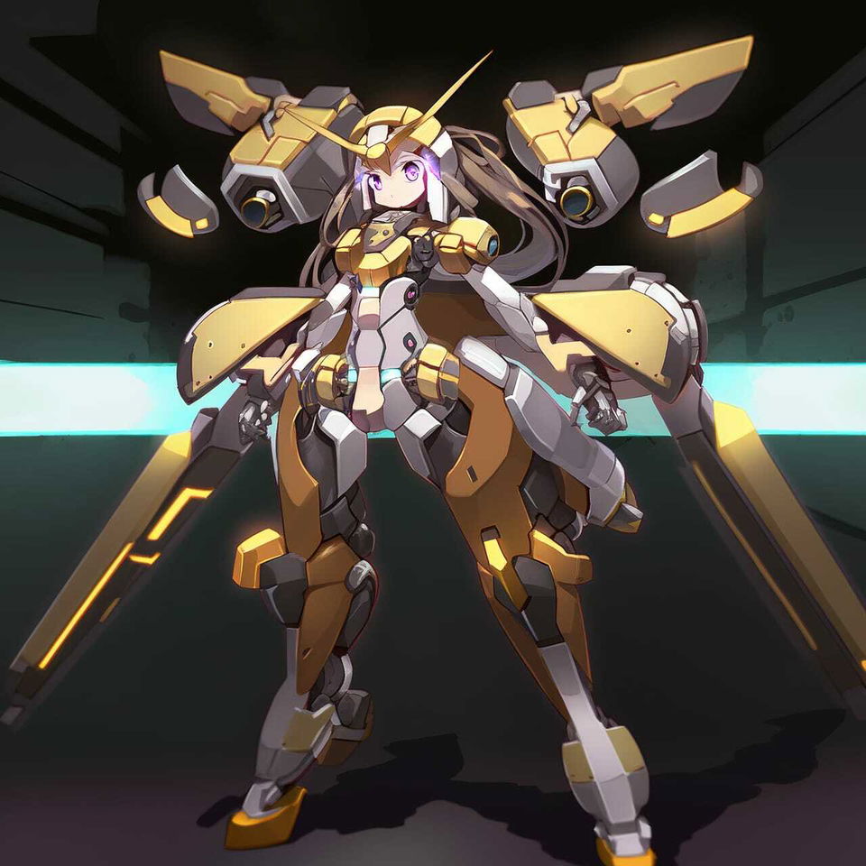Tech genius teenage girl in gold-and-white mecha armor, anime-style digital art, dramatic lighting