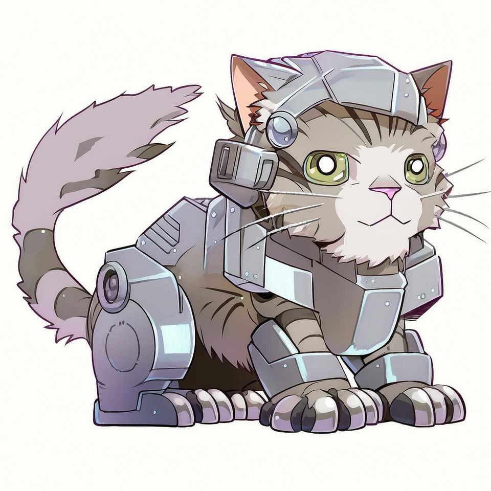 Cute Maine Coon cat in detailed mecha armor, anime-style illustration with soft pastel colors