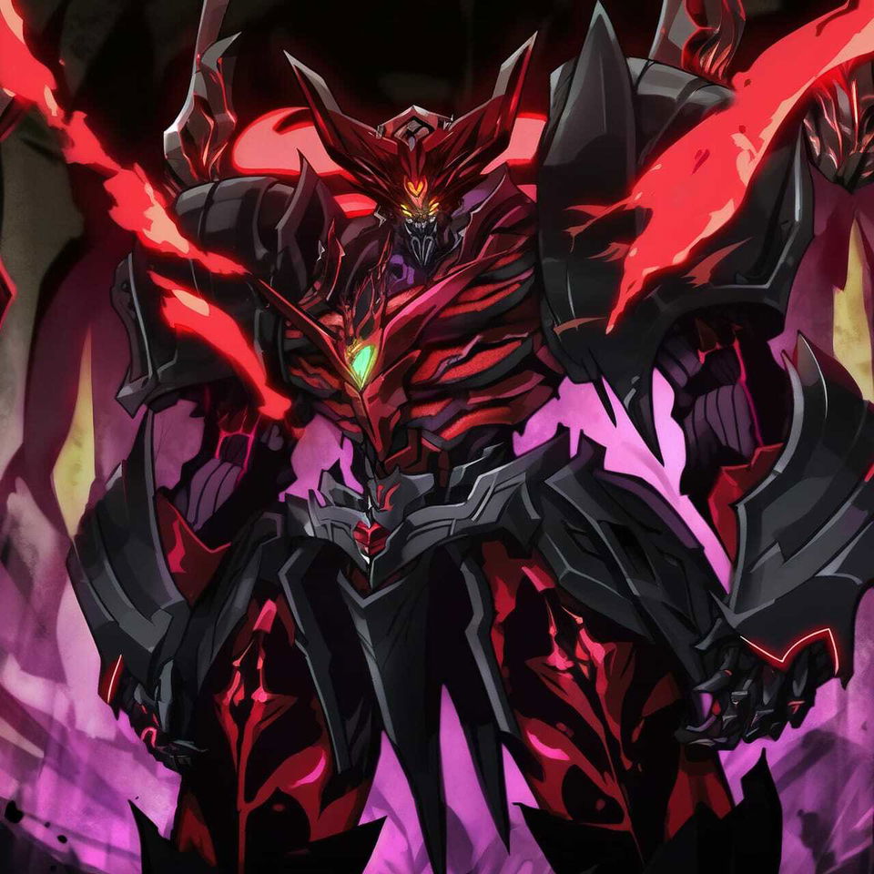 Chernobog, a horned mecha in anime style with black-red armor, glowing accents, and dramatic light