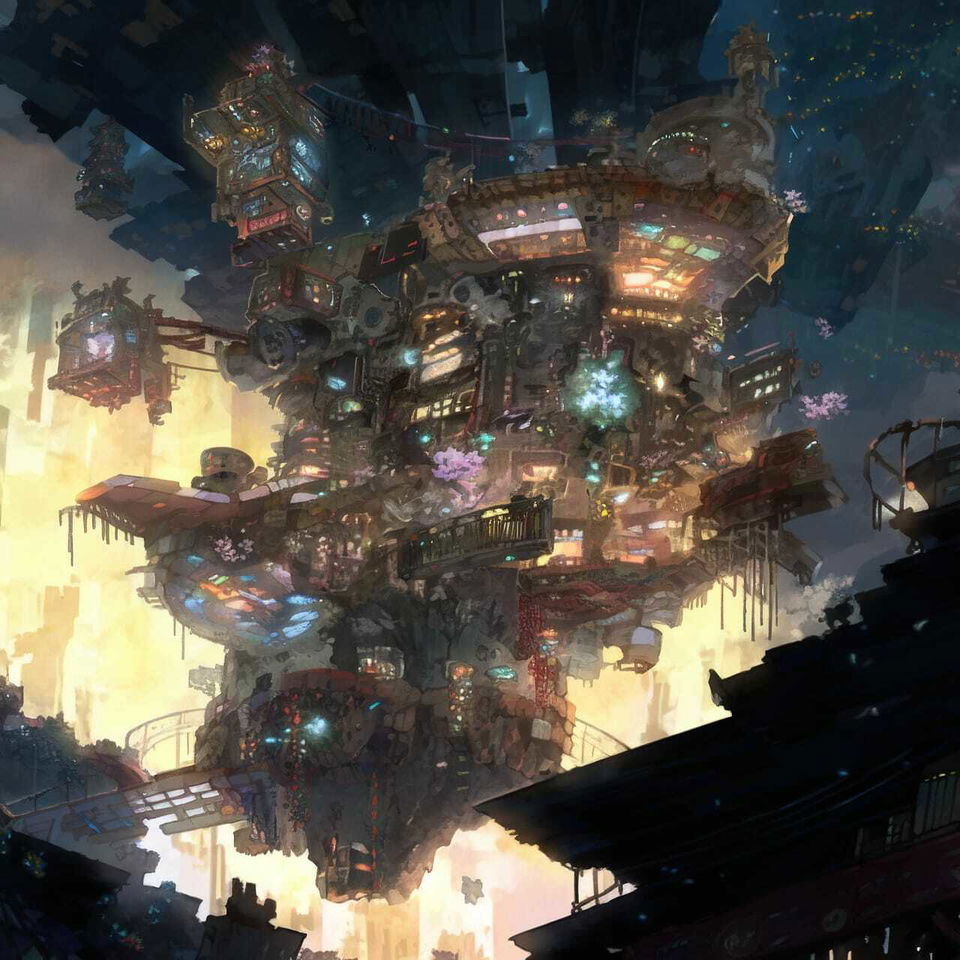 Floating bioarchitecture city of mechanical structures, painted in a dark luminous anime palette