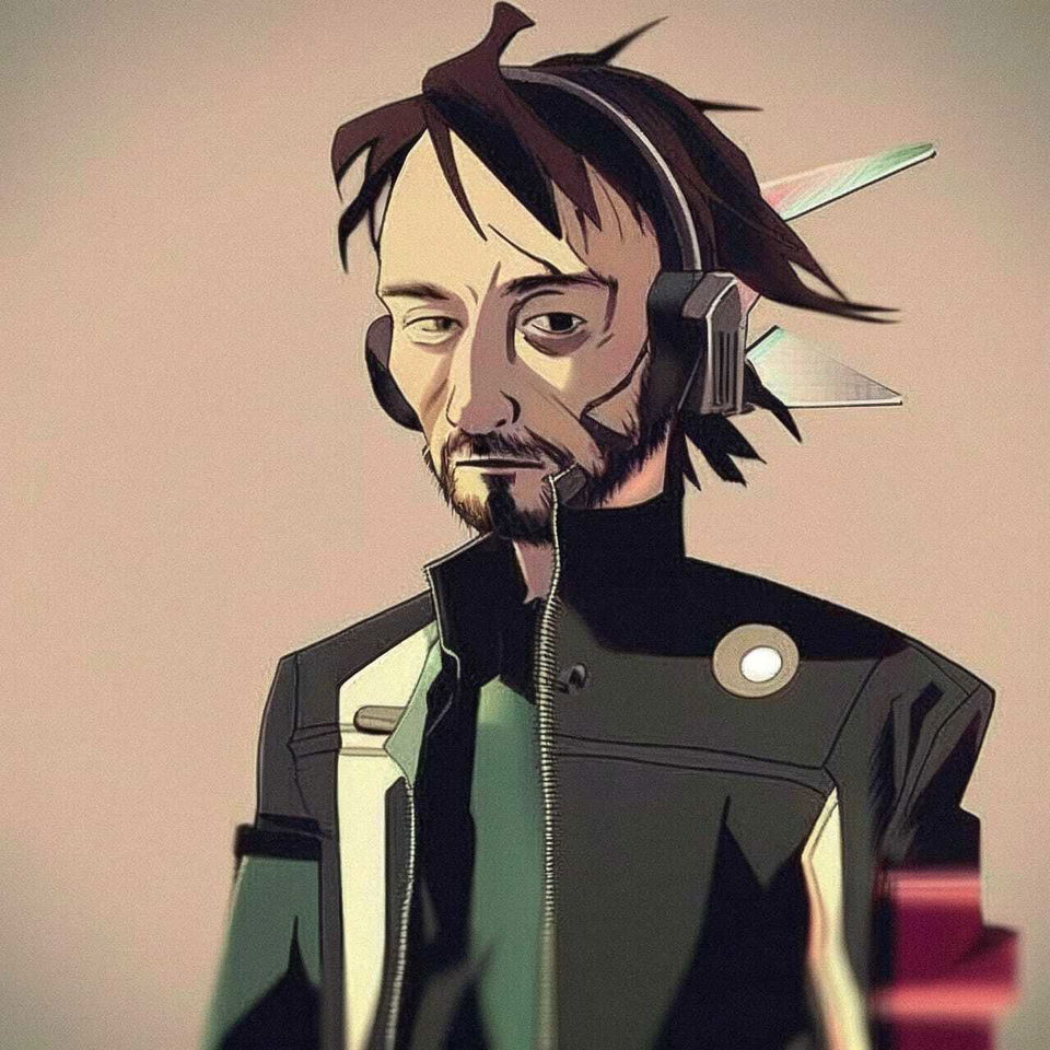 Thom Yorke as a futuristic anime character, cel-shaded in muted tones with soft light
