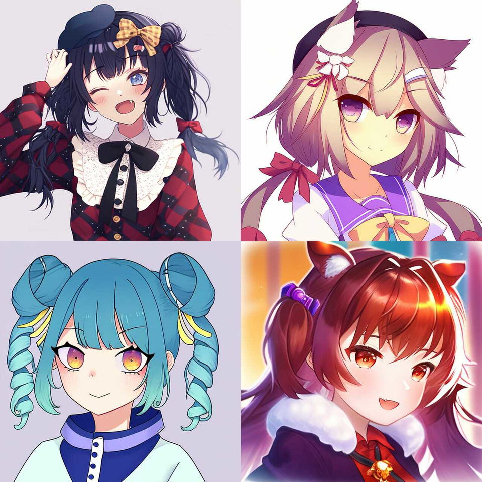 Four cute anime girls with colorful hair, bright palettes, soft light, and polished digital shading