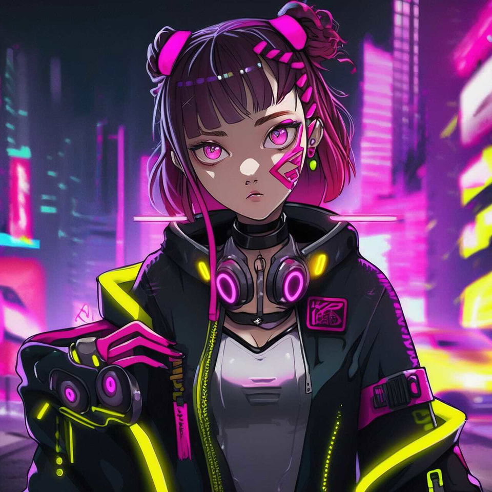 Cyberpunk anime character in neon magenta and lime, with glowing city lights
