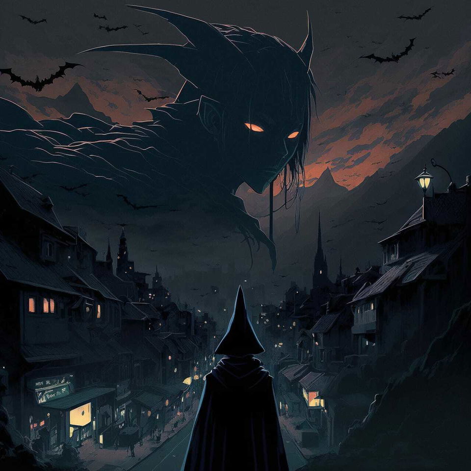 Nazgul looming over a sleeping town, dark anime illustration with a dusky blue-red palette