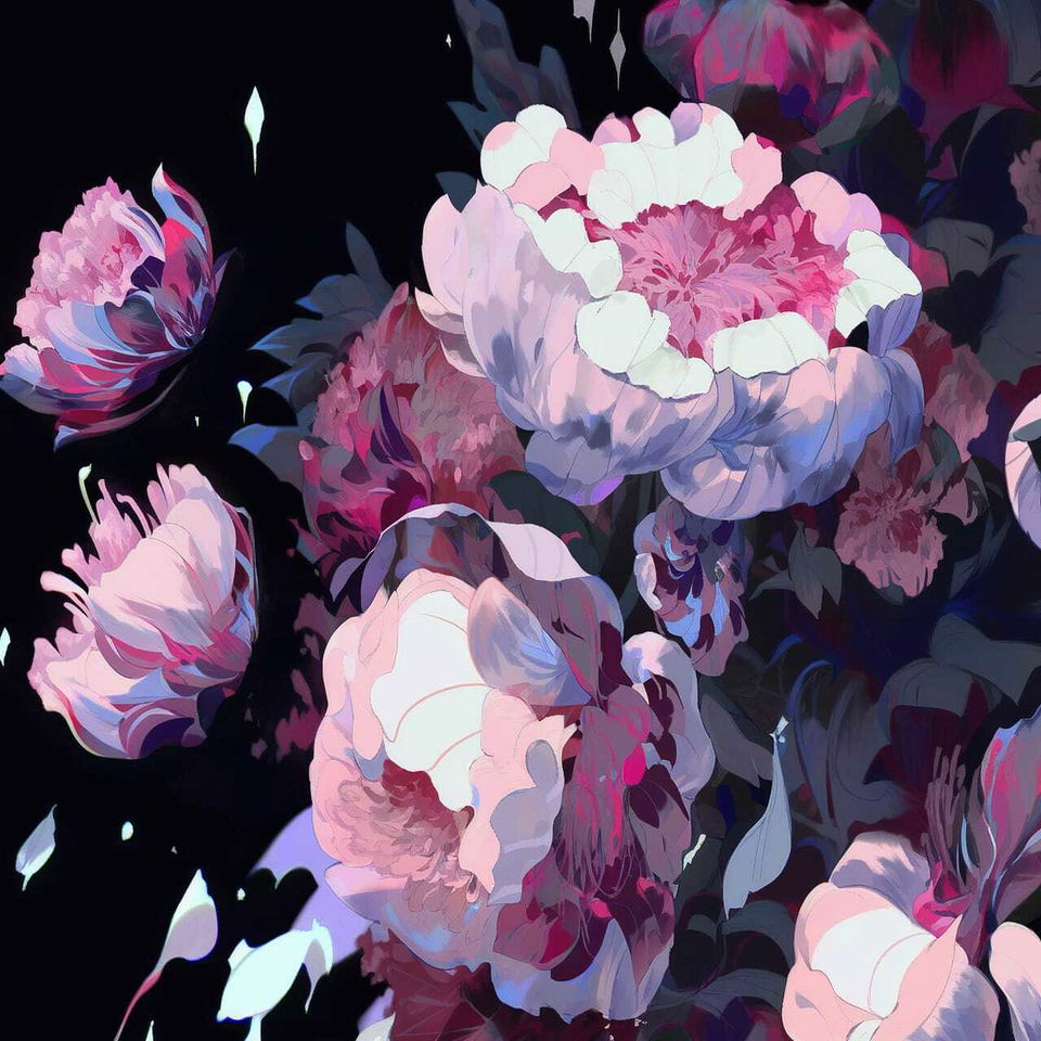 Decaying peonies in a stylized anime illustration with pink and lavender petals against deep black
