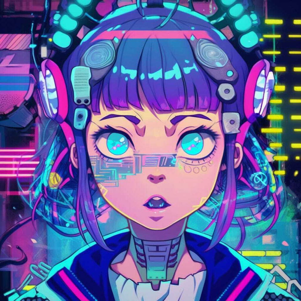 Tech genius teenage girl in neon anime style, with vivid cyan, magenta, and purple lighting