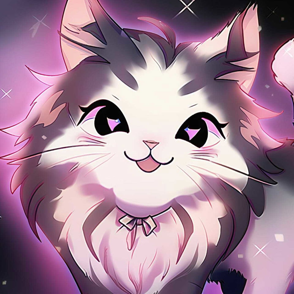 Cute Maine Coon cat in vibrant moe anime style with fluffy fur and pink-purple lighting