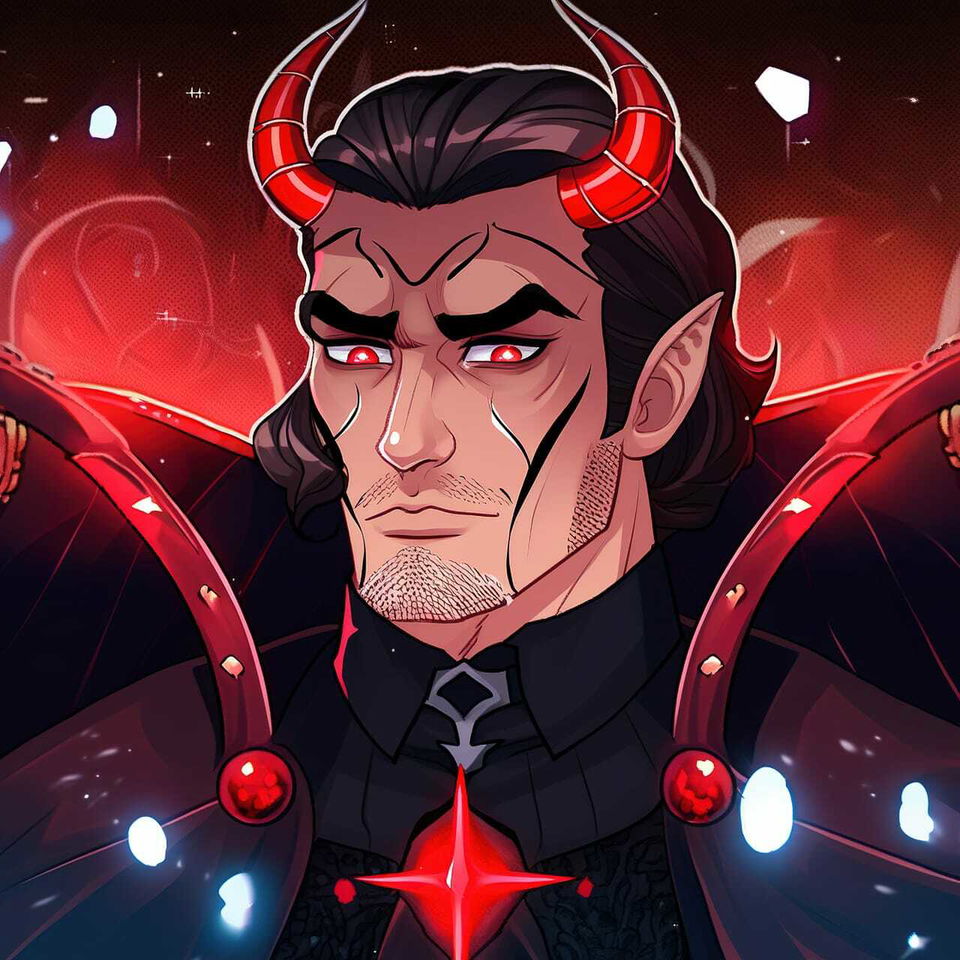 Chernobog, a horned demon in anime-style digital art with vivid red lighting and dark tones