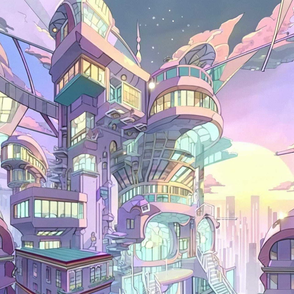 Futuristic organic architecture in pastel anime-style colors with soft sunset light