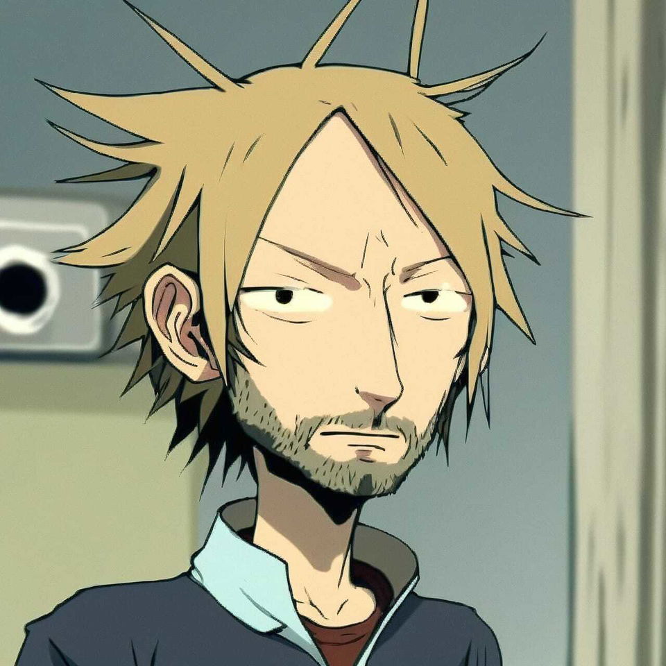 Thom Yorke portrait in moe anime style, with spiky blond hair and muted colors