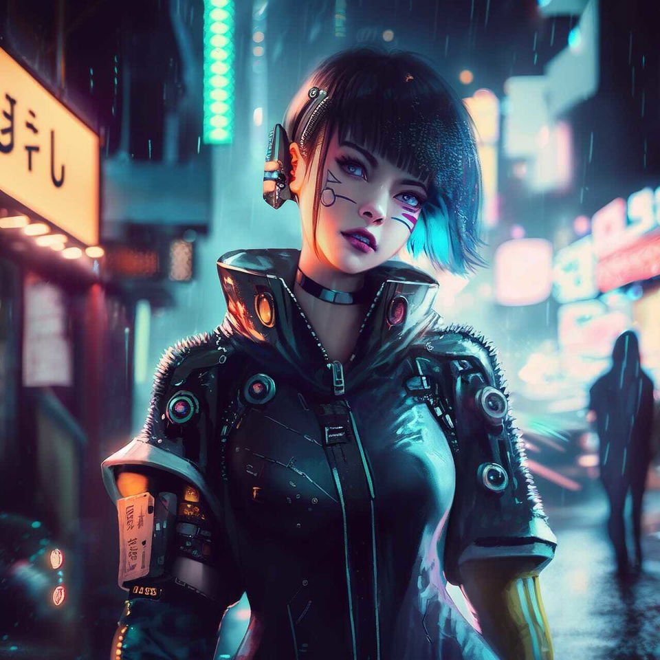 Cyberpunk woman in a rainy neon city, realistic anime style with teal and magenta lighting