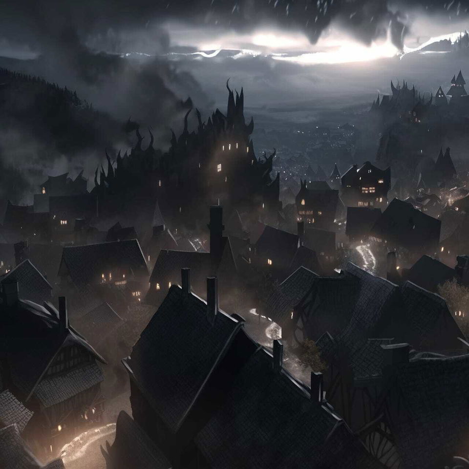 Gothic town beneath storm clouds, in dark realistic anime style with glowing windows