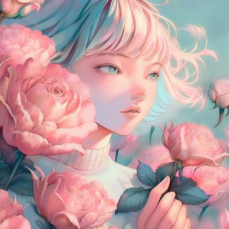 Anime girl surrounded by decaying peonies, softly shaded in pastel pink and turquoise light