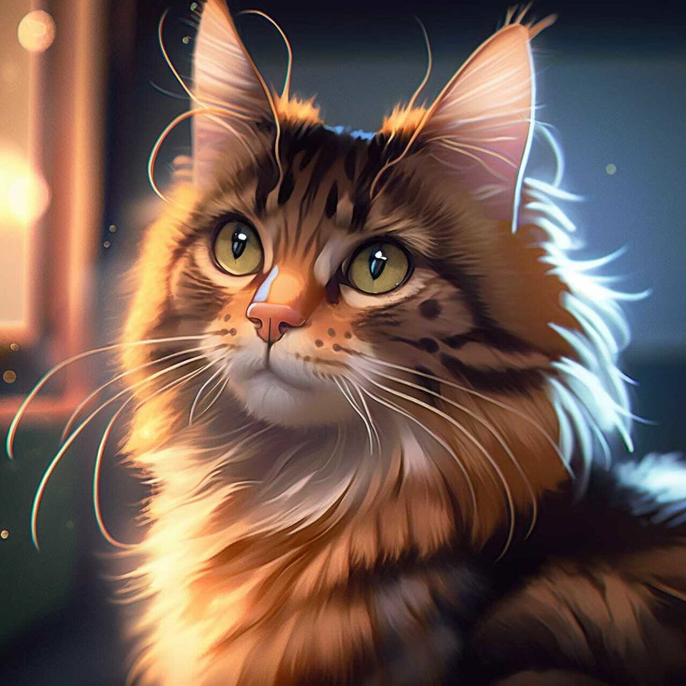 Cute Maine Coon cat in realistic anime style, warm orange and cool blue rim lighting