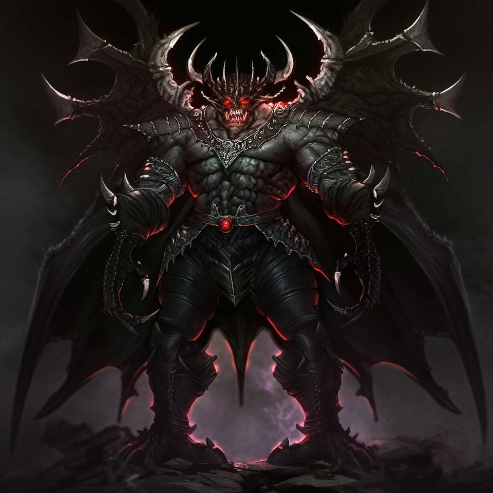 Chernobog, a horned winged demon in dark armor, in realistic anime style with red highlights