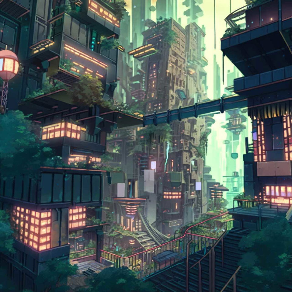Vertical bioarchitecture city with planted buildings and walkways, teal-green anime lighting