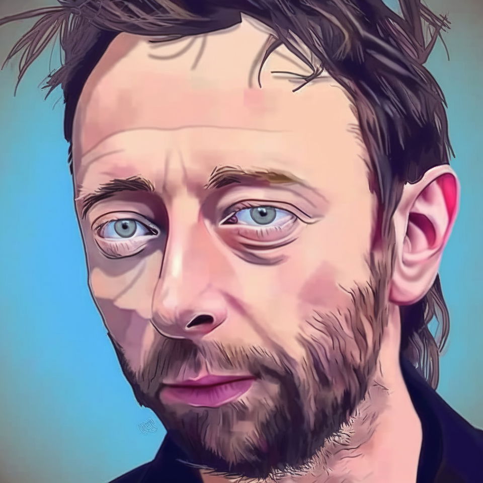 Close-up portrait of Thom Yorke in realistic anime style, soft pastel colors and bright blue light