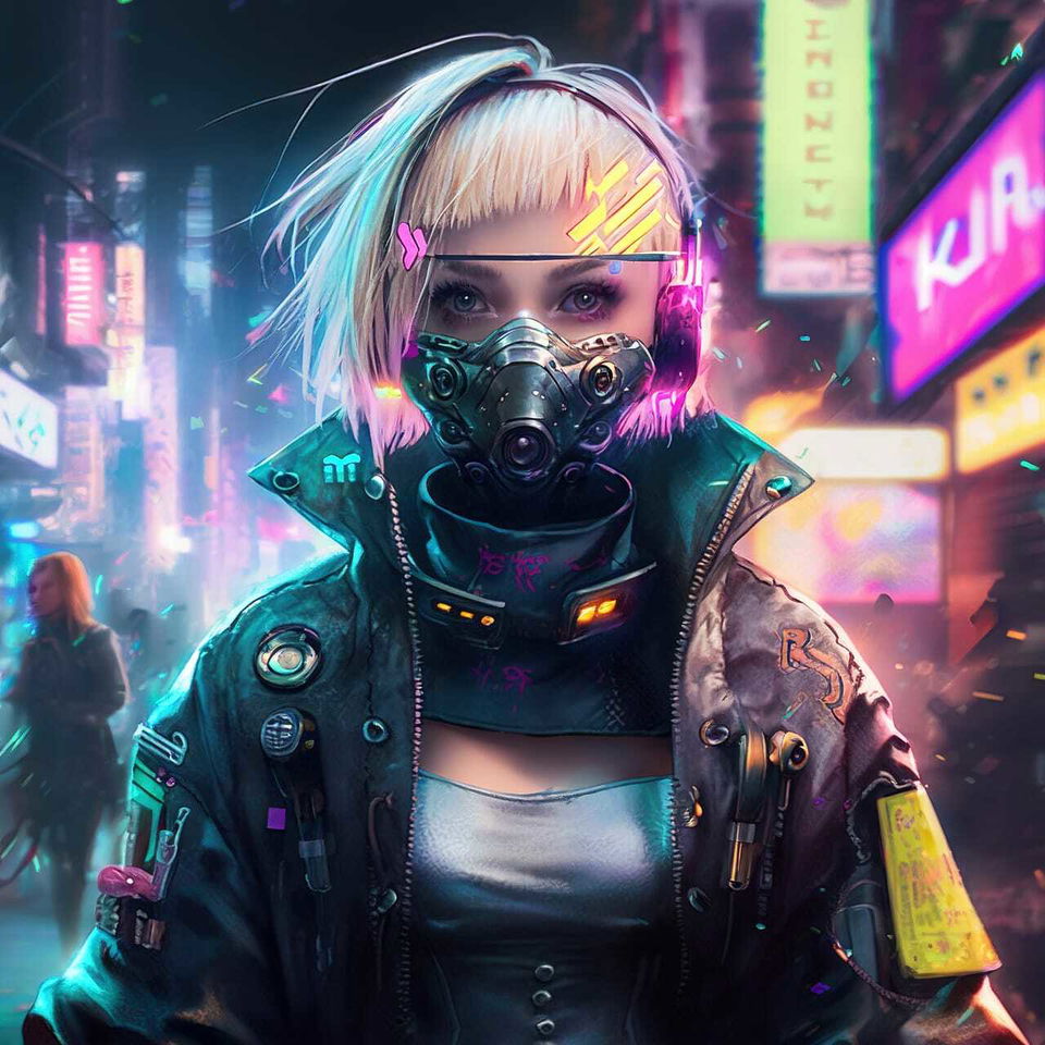 Cyberpunk character in semi-realistic anime style, neon-lit with vivid cyan, pink, and purple colors