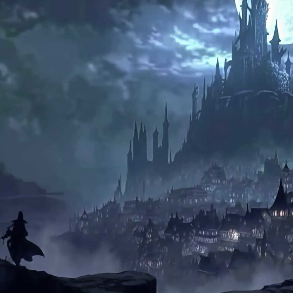 Nazgul overlooking a sleeping town, semi-realistic anime style, misty blue palette and moonlight