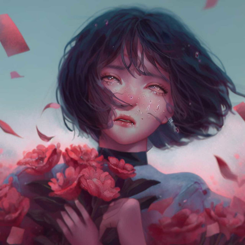 Anime-style woman with dark hair among decaying peonies, in soft pink and blue light