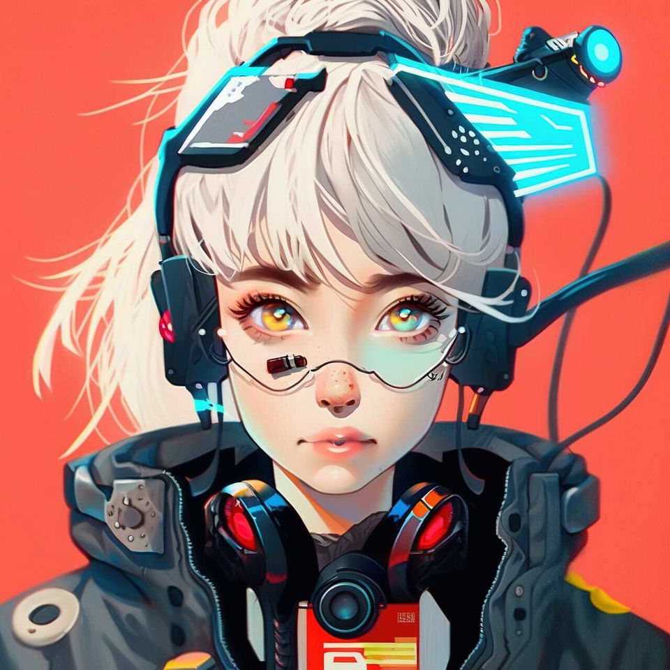 Tech genius teenage girl in semi-realistic anime style, vivid cyan and coral lighting