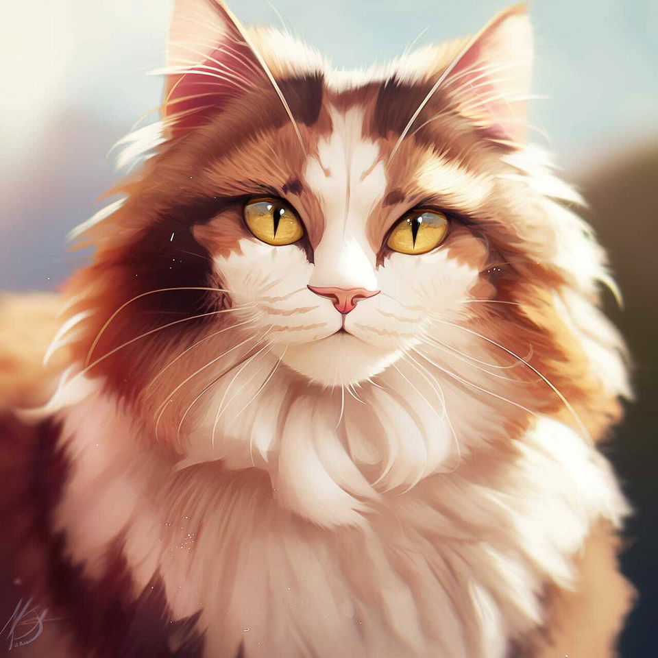 Cute Maine Coon cat in semi-realistic anime style with warm pastel fur and glowing light