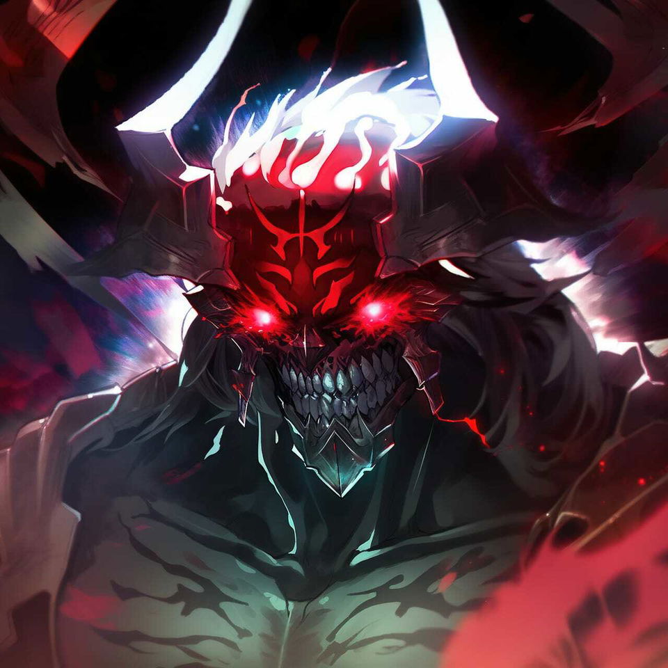 Chernobog, a demonic armored skull with horns in semi-realistic anime style, glowing red and white