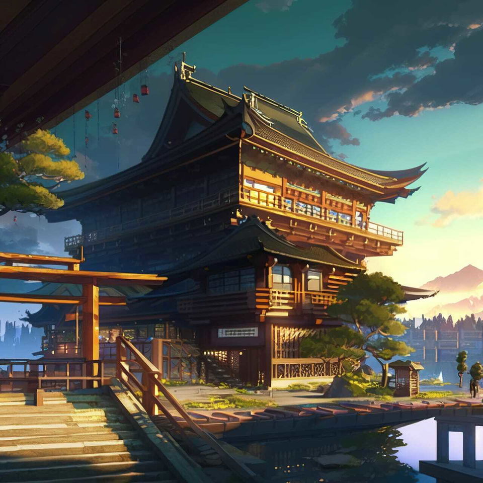 Japanese temple beside a canal in semi-realistic anime style, warm sunlight and vivid colors