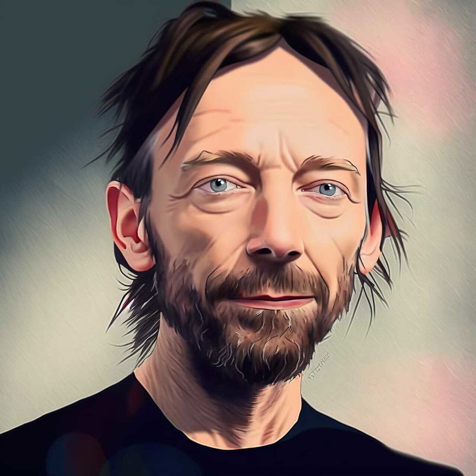 Thom Yorke, semi-realistic anime portrait with warm pastel lighting and muted colors