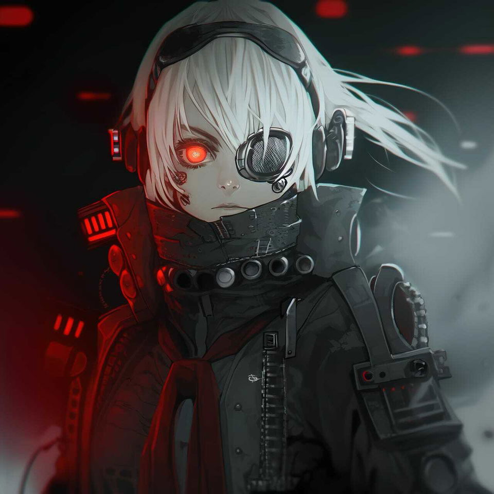 Cyberpunk character with white hair and cybernetic eye in dark anime armor, red and teal lighting