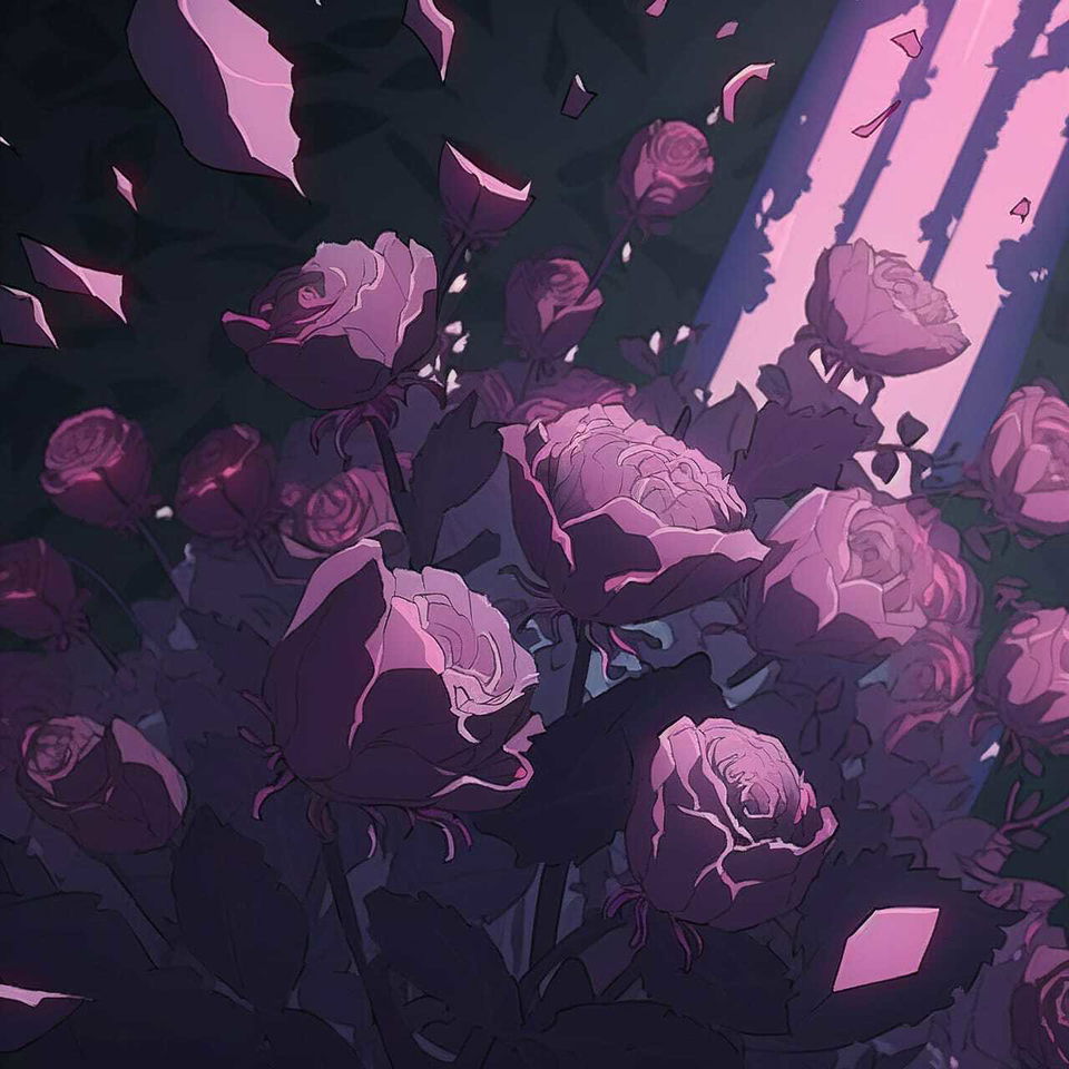 Decaying peonies in dark anime-style illustration with a moody pink and purple palette